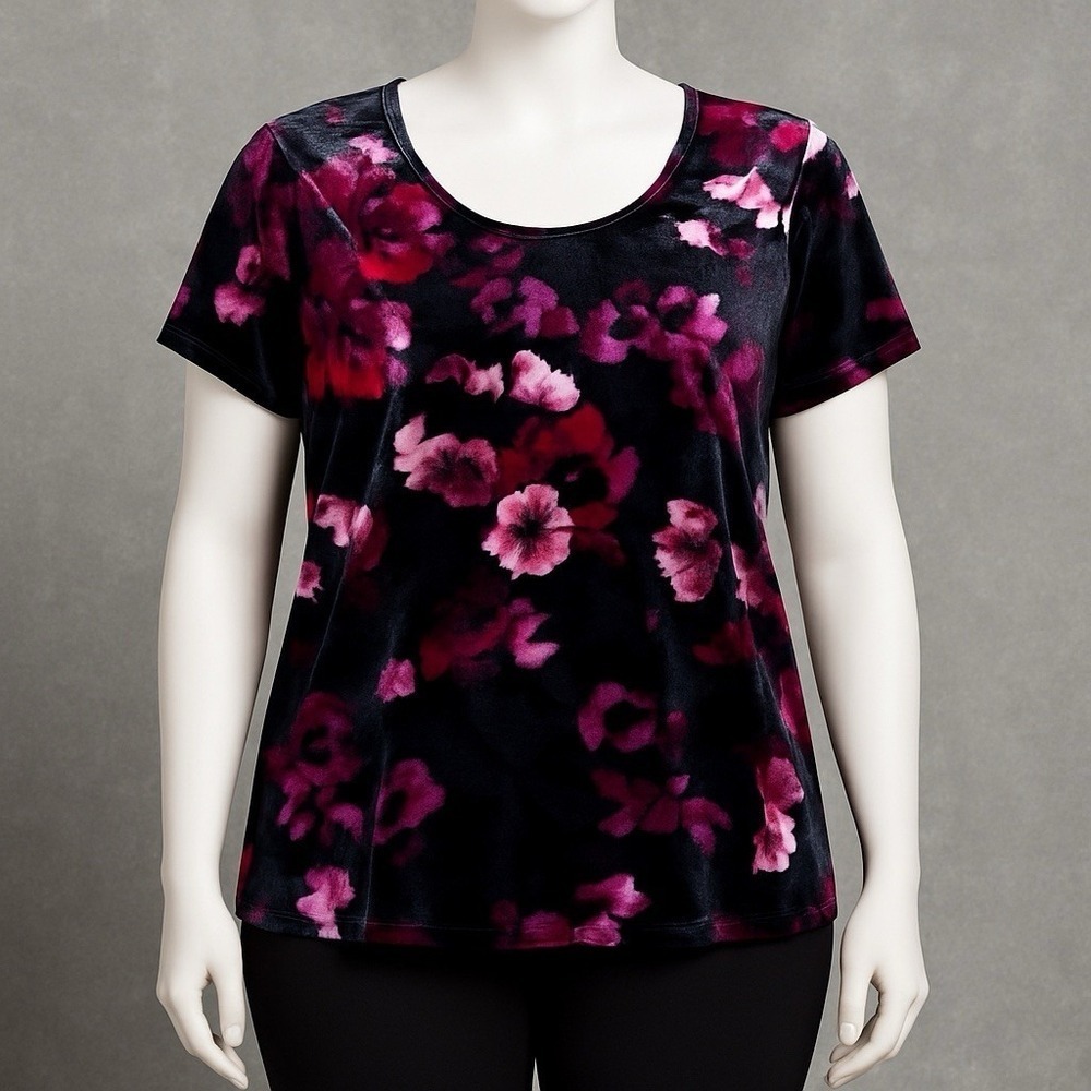 Roz & Ali Petite XL Shirt Top Purple Floral Short Sleeve Scoop Neck Velour